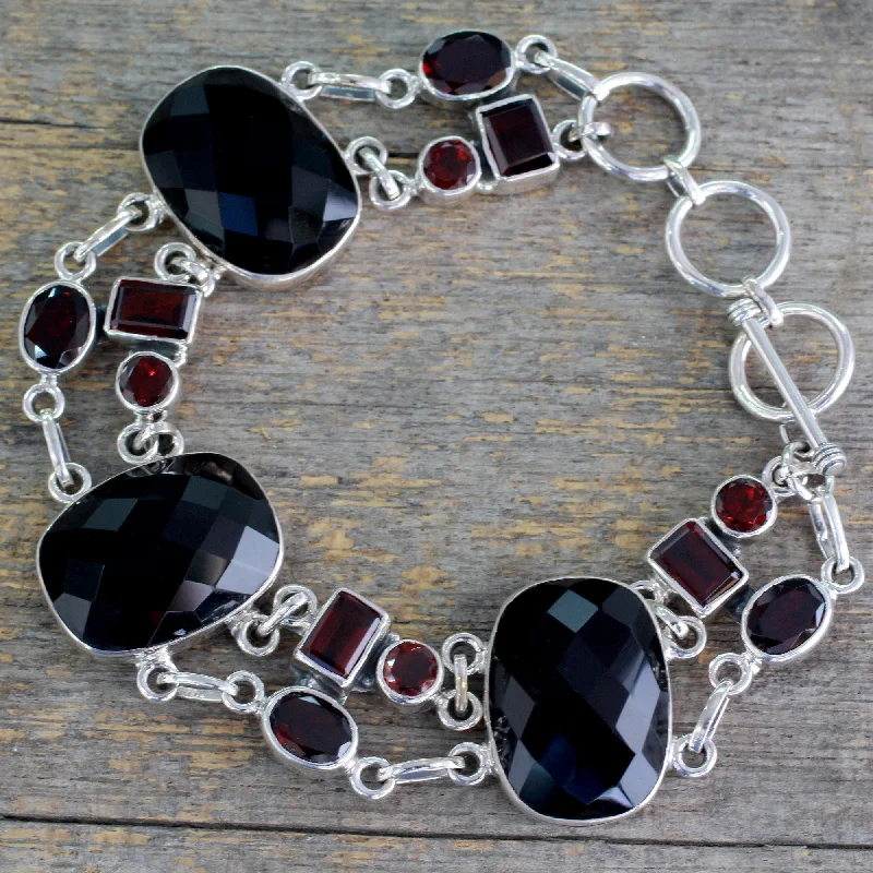 Bangles with claw-set tourmaline for vibrancy -Exotic Drama Onyx Link Bracelet with Garnet and Sterling Silver