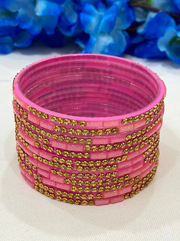 Bangles with aquamarine stones for sea hues -Alluring Rani Pink Color Stone Work Glass Bangles For Women