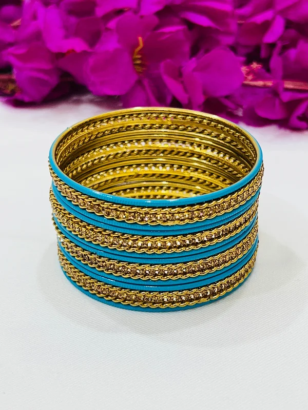 Bracelets with heart-shaped ruby stone charms -Lovely Sky Blue Color Metal Bangles With Gold Spiral Design For Women