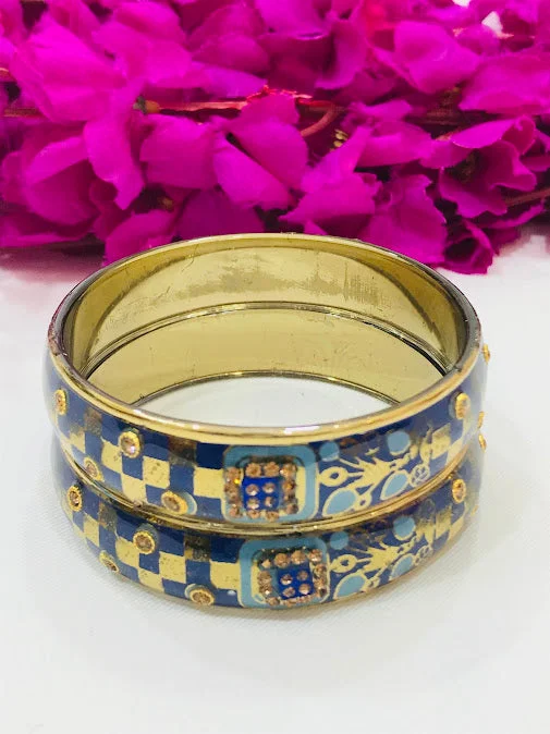 Bracelets with open cuff for easy wear -Attractive Blue Color Checked Design Glass Bangles For Women