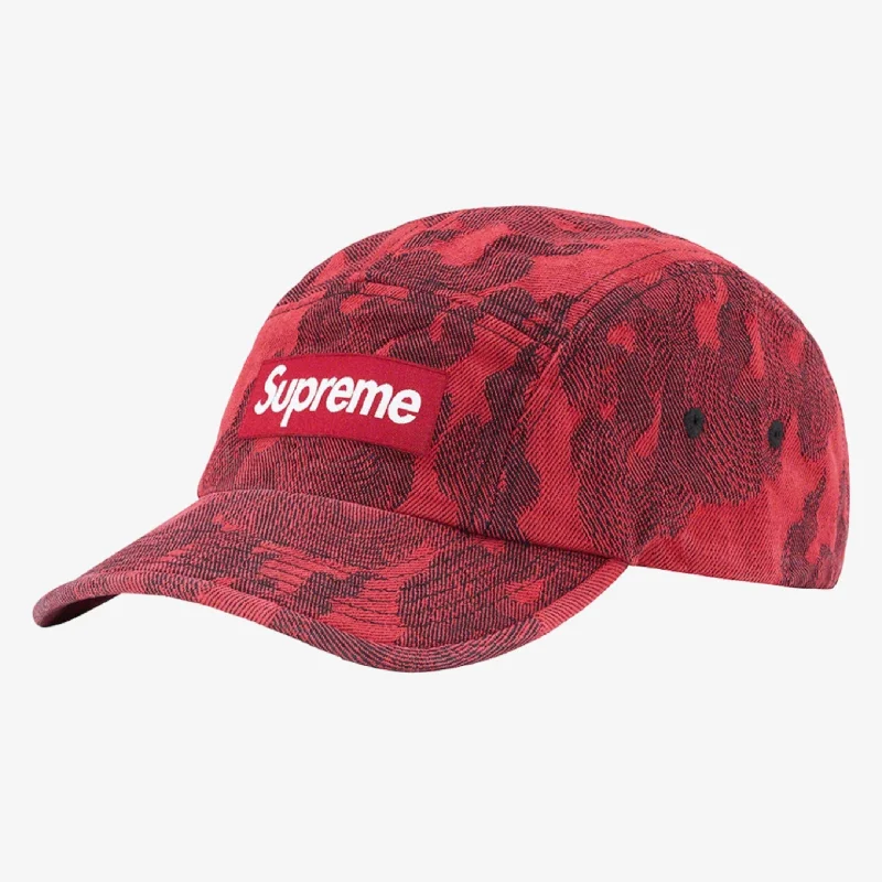 Vintage washed cap for faded cool look -Supreme Denim Camp Cap 'Flames Jacquard' Washed Red (SS23)