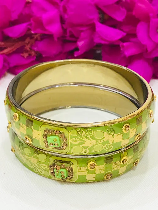 Bangles with aventurine gems for green luck -Beautiful Light Green Color Checked Design Glass Bangles For Women