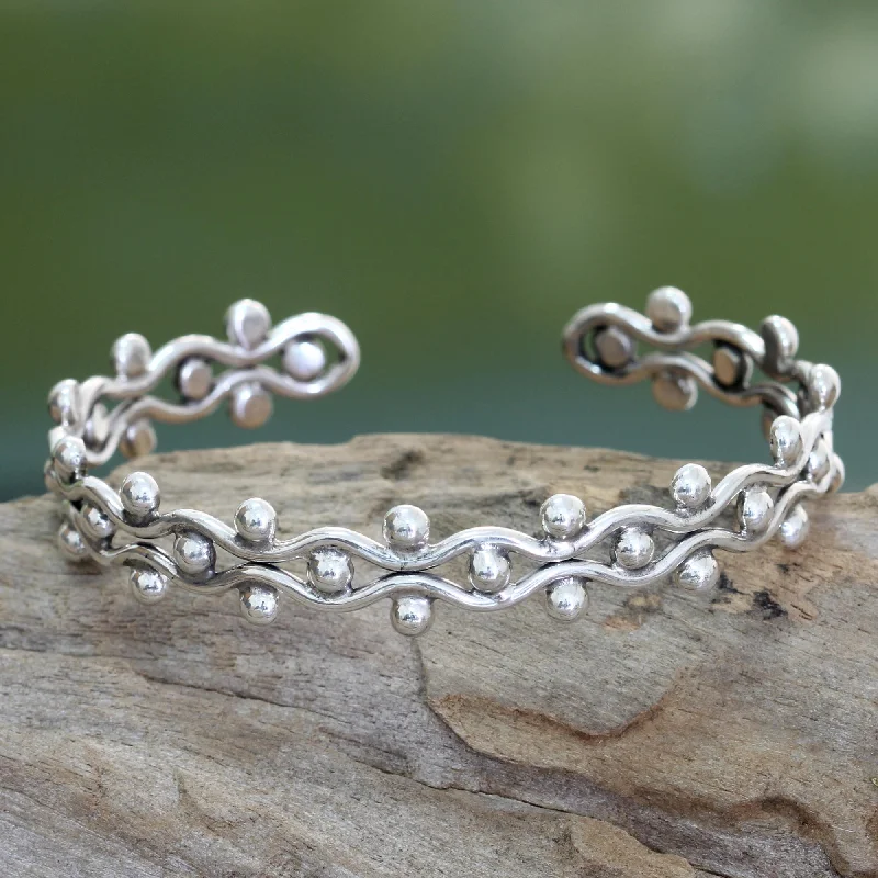 Bangles with bold hematite for metallic shine -Floral Buds Sterling Silver Cuff Bracelet from Indonesia