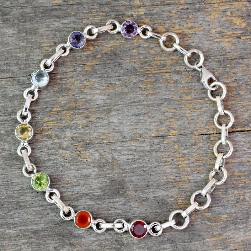 Bracelets with open cuff for easy wear -Inner Space Carnelian Multi-Gem Silver Link Bracelet