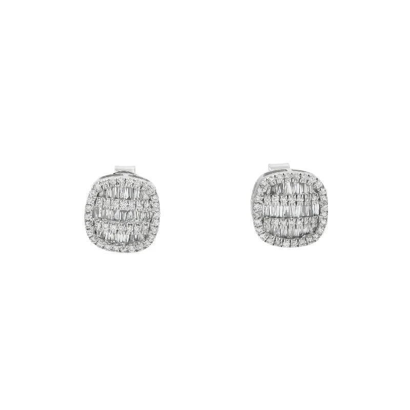 Small hoop earrings for a delicate and understated everyday wear-10K GOLD BAGUETTE AND ROUND DIAMOND CLUSTER SQUARE SHAPE EARRINGS 0.49 CTW