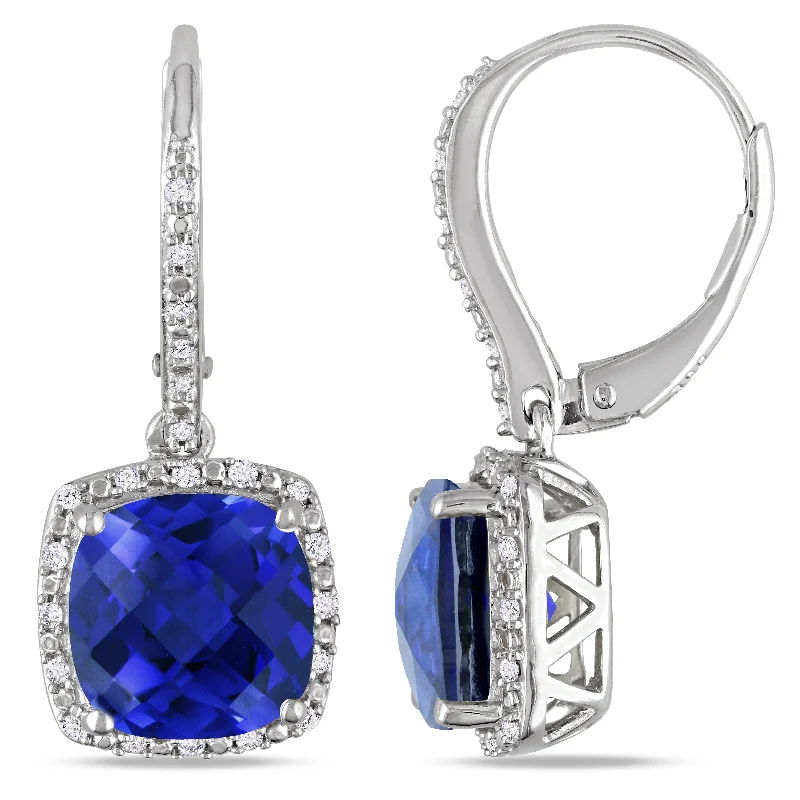 Best hoop earrings with minimal embellishments for a sleek and modern look-6 1/2 CT TGW Created Blue Sapphire and 1/5 CT TW Diamond Leverback Halo Earrings in Sterling Silver