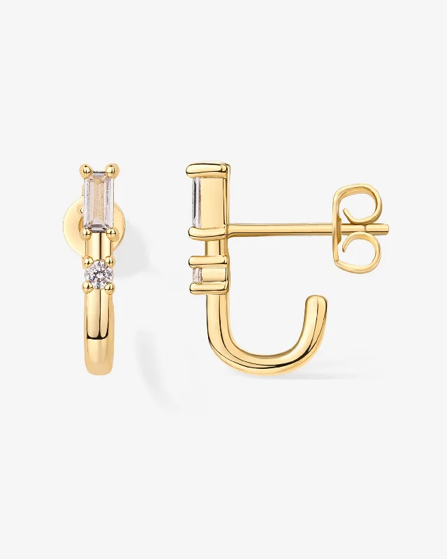 Hoop earrings with diamond-cut surfaces for added sparkle and shine-Baguette Half Huggie Earrings