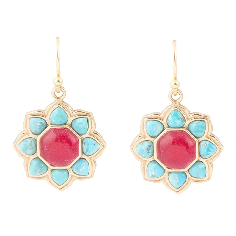 Best hoop earrings with baroque pearls for a luxurious and elegant vibe-Blue Turquoise and Red Quartz Flower Golden Earrings