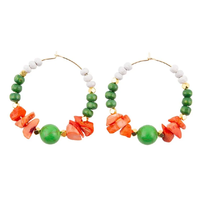 Small hoop earrings for a delicate and understated everyday wear-Green and Orange Coral Golden Hoop Earrings