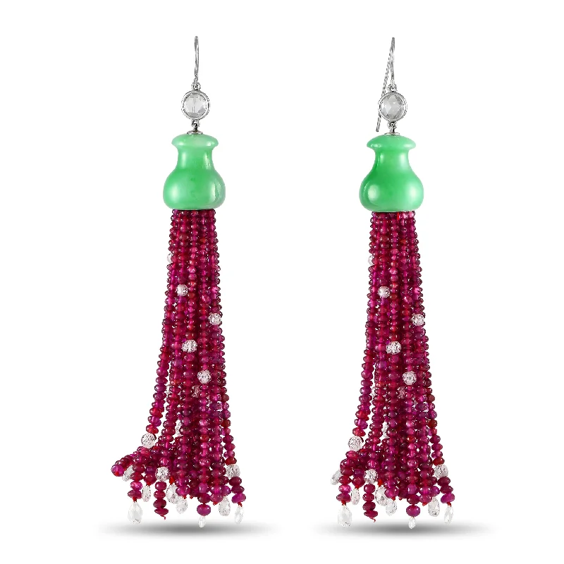 Large hoop earrings for a bold and statement-making fashion accessory-LB Exclusive 11.50ct Briolette Diamond, Ruby and Jade Tassel Earrings MF08-072524