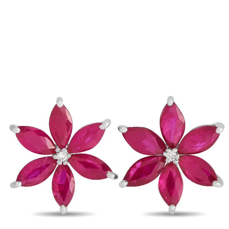 Best hoop earrings with Swarovski crystals for added sparkle and luxury-LB Exclusive 14K White Gold 0.01ct Diamond and Ruby Flower Earrings ER4-15657WRU