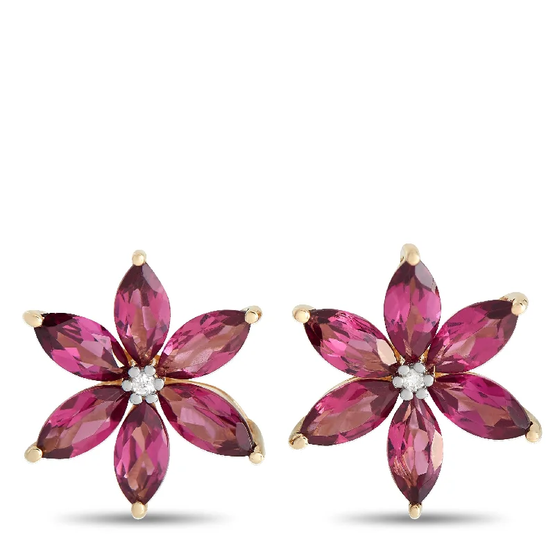 Hoop earrings with pearl accents for a chic and classic style-LB Exclusive 14K Yellow Gold 0.01ct Diamond and Rhodolite Flower Earrings ER4-15657YRHOD