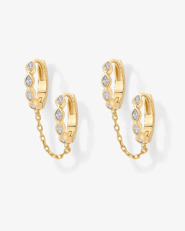 Hoop earrings with rhinestone-studded rims for a glamorous touch-Marquise CZ Double Piercing Chain Huggie Hoop