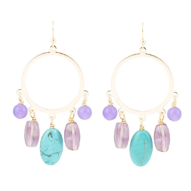 Best hoop earrings with textured silver for a rustic and organic finish-Purple Periwinkle Amethyst and Blue Magnesite Golden Chandelier Earrings