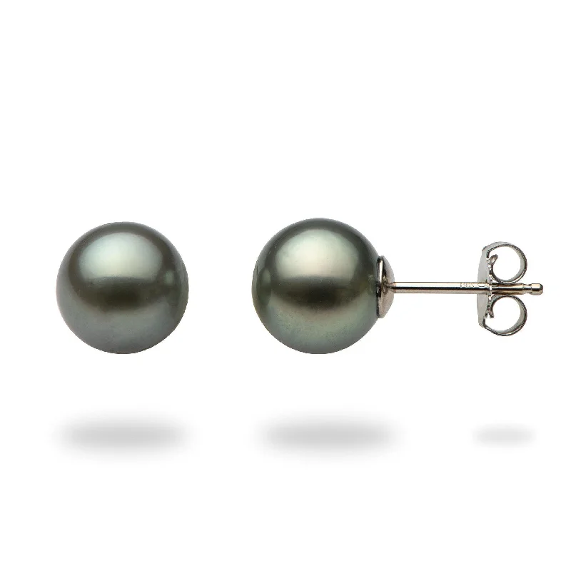 Classic hoop earrings with a thin profile for a sleek and subtle style-Tahitian Black Pearl Earrings in White Gold - 8-9mm