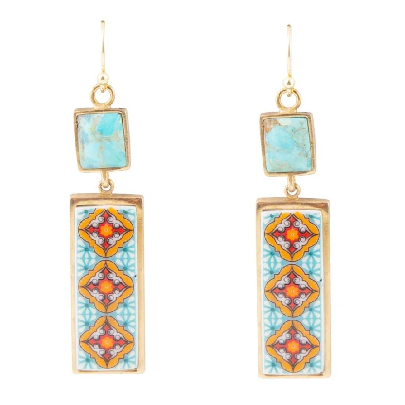 Hoop earrings with floral motifs for a feminine and nature-inspired look-Talavera Tile and Blue Turquoise Golden Dangle Earrings