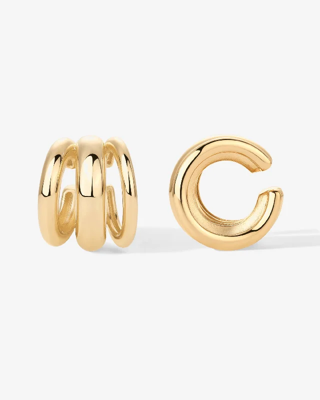 Hoop earrings with textured gold for a refined and sophisticated aesthetic-Triple Ring Ear Cuffs