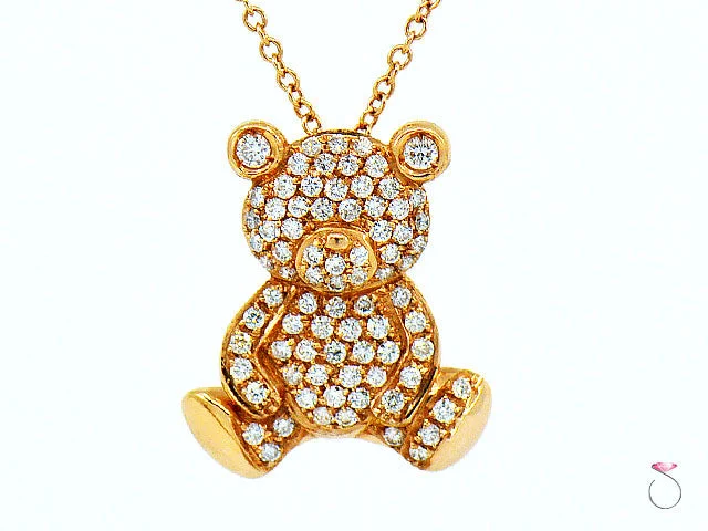 Necklaces and pendants with star-shaped designs for a whimsical, celestial touch-Diamond Teddy Bear Pendant 18K Rose Gold on 16 Inch Chain By Assor Gioielli