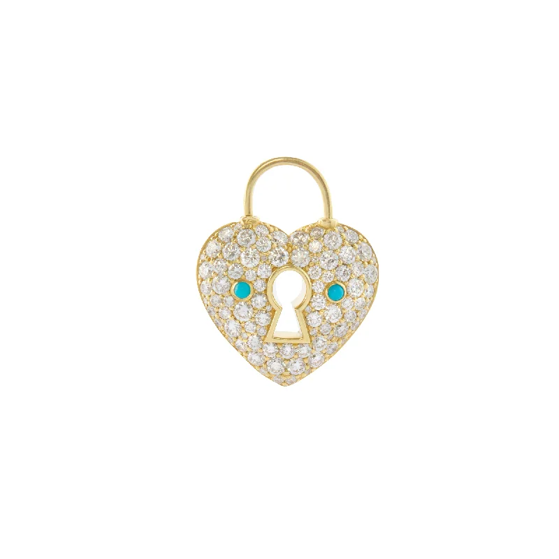 Necklaces and pendants with celestial starburst designs for a radiant look-Padlock Heart Charm - Diamond and Turquoise