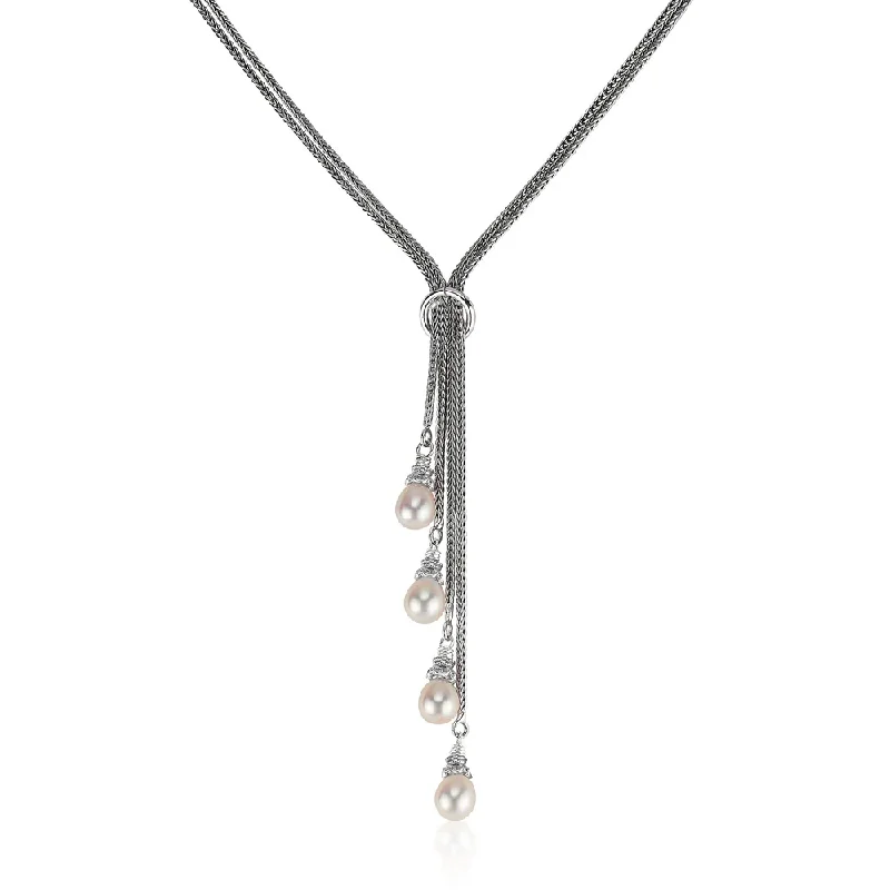 Simple necklaces and pendants with bar pendants for a sleek modern design-Four Strand Pearl Lariat