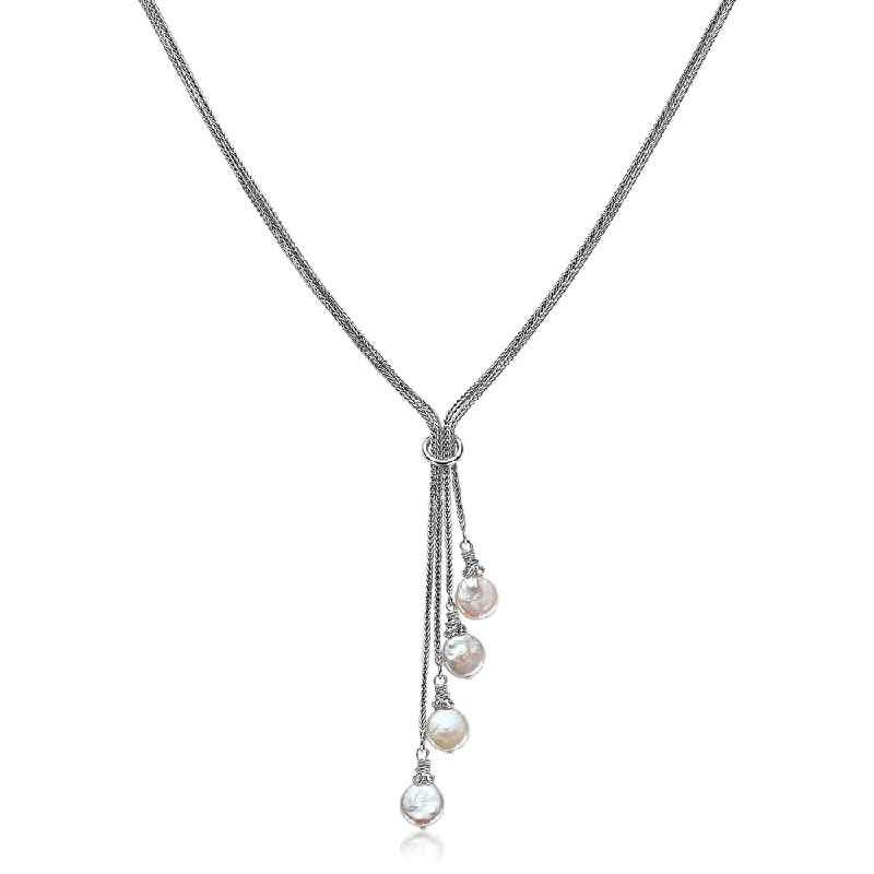 Best necklaces and pendants with heart-shaped lockets for a sentimental keepsake-Four Strand Coin Pearl Lariat