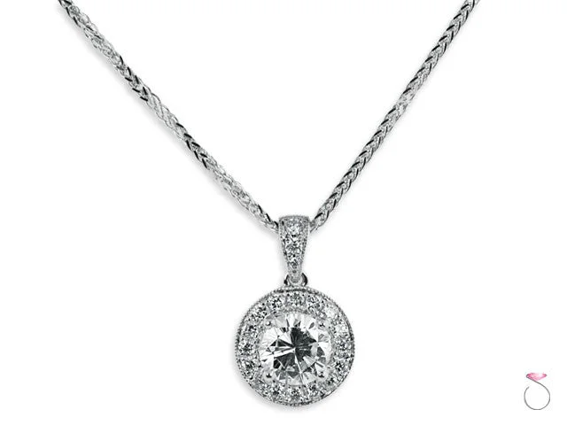 Stunning necklaces and pendants with turquoise and gold for a vibrant, earthy look-Round Brilliant Diamond Halo Pendant 1.35ctw in 18K White Gold with Chain