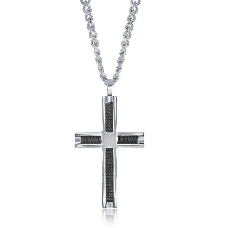 Beautiful necklaces and pendants with tree branch motifs for a nature-inspired design-Stainless Steel Polished and Black Wire Cross Pendent With Chain