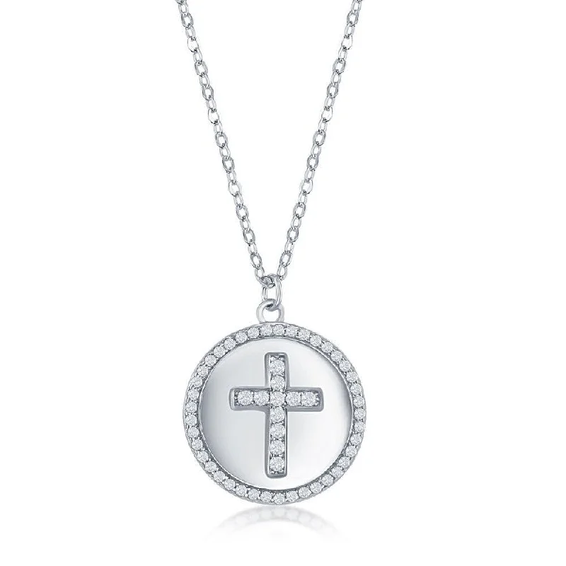 Best necklaces and pendants with infinity hearts for a romantic, eternal symbol-Sterlilng Silver Micro Pave CZ Disc Necklace - Cross