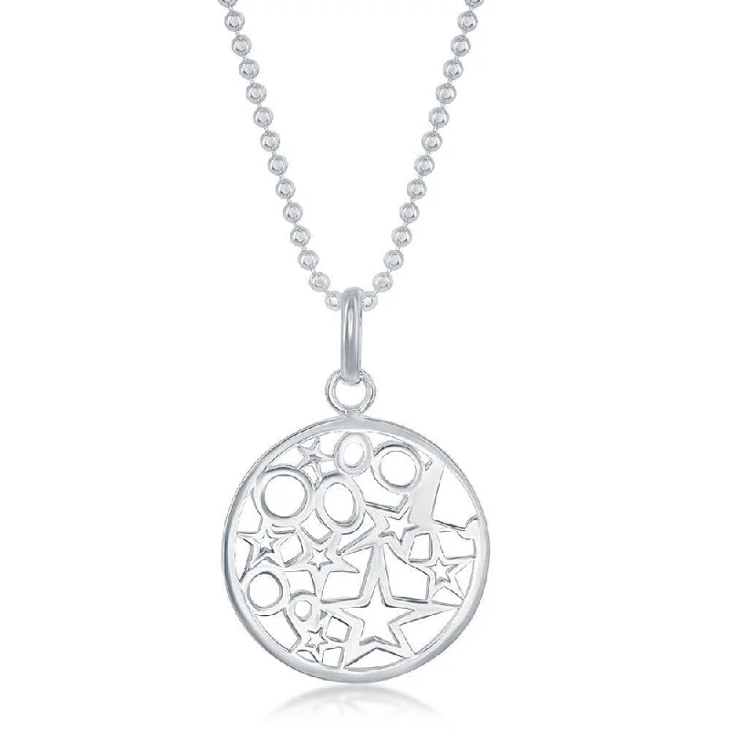 Best necklaces and pendants with cubic zirconia for a budget-friendly dazzling effect-Sterling Silver 17 Inch Circle With Stars and Circles Inside Necklace