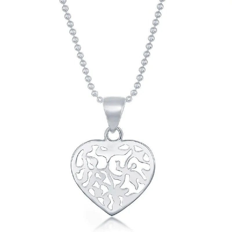 Personalized necklaces and pendants with coordinates for a meaningful location-based gift-Sterling Silver 17 Inch Diamond Cut Bead Chain With Flat Heart Necklace