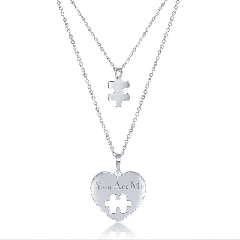 Best necklaces and pendants with butterfly wings for a delicate, graceful style-Sterling Silver 2PC; Puzzle Piece Necklace Set - 16+2 Inch You Are My Heart; 14+2 Puzzle Piece