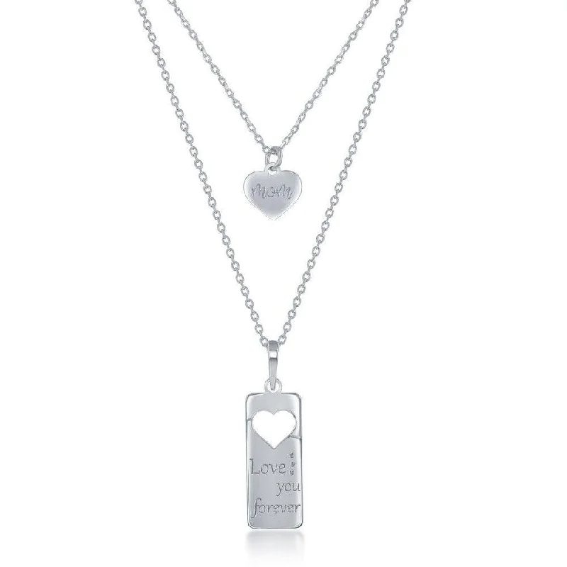 Best necklaces and pendants for weddings with matching designs for bride and groom-Sterling Silver 2PC Tag Heart Necklace Set - 16+2 Inch  Love You Forever Tag & 14+2 Mom Heart