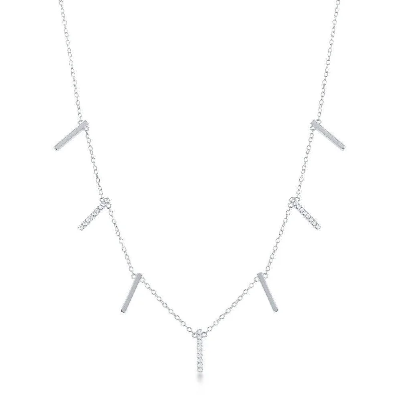 Necklaces and pendants with sun and moon motifs for a celestial-inspired design-Sterling Silver Alternating Plain & CZ Vertical Bars Necklace