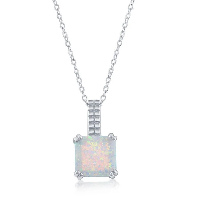 Necklaces and pendants with geometric pendants for a clean, contemporary design-Sterling Silver Beaded Prong Square White Opal Pendant