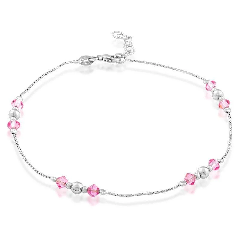 Necklaces and pendants with abstract shapes for a modern, creative appearance-Sterling Silver Beads with Pink Crystals Anklet