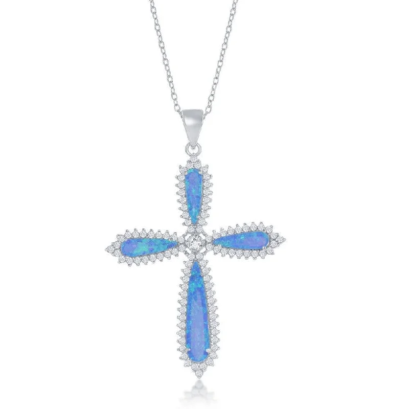 Necklaces and pendants with custom designs for a completely unique jewelry piece-Sterling Silver Blue Opal CZ Border Large Cross Pendant