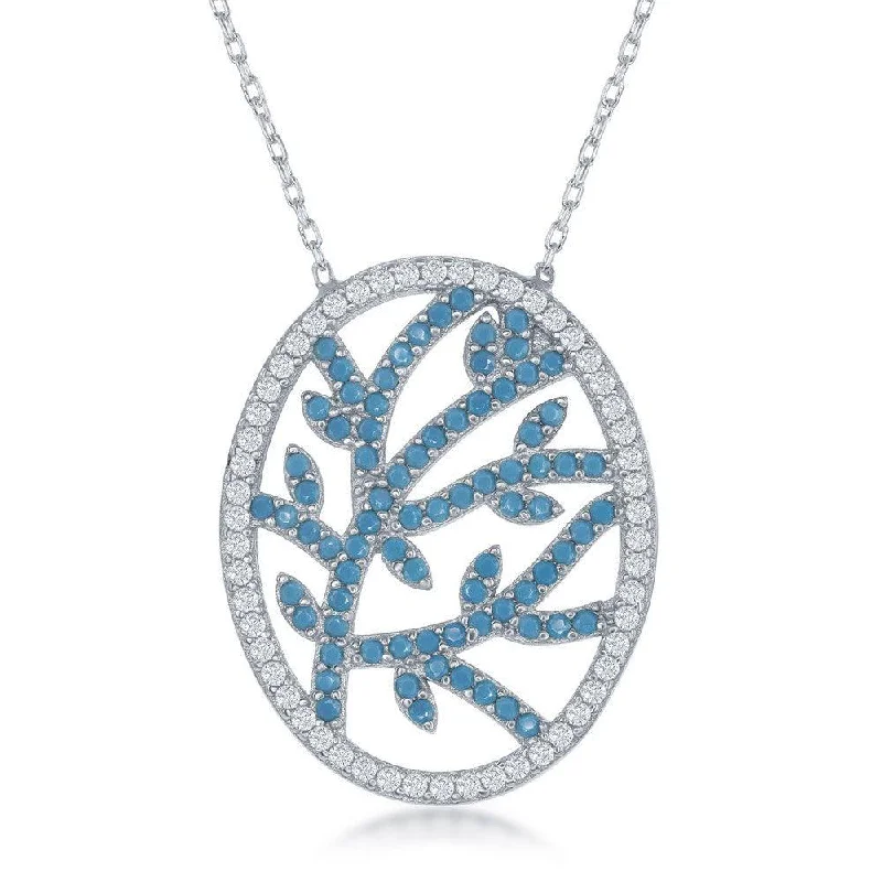 Best necklaces and pendants with crystal accents for a sparkling and elegant style-Sterling Silver Center Torqouise Branch Design with CZ Border Necklace