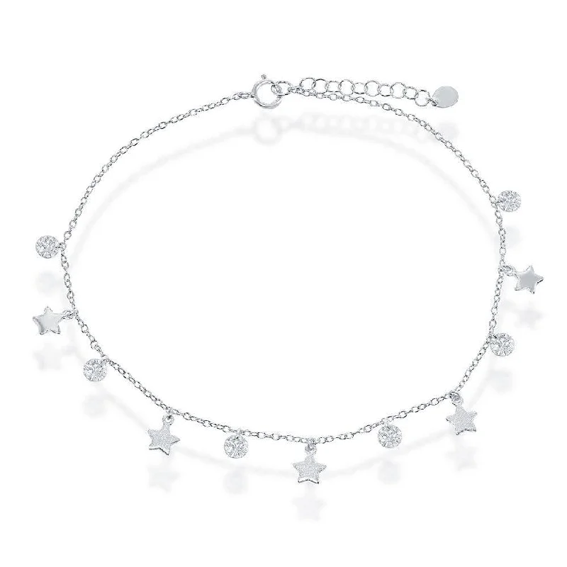 Best necklaces and pendants with seashell designs for a tropical, beachy vibe-Sterling Silver Cubic Zirconia with Shiny and Matte Stars Anklet