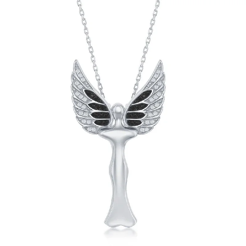 Elegant necklaces and pendants with onyx stones for a sleek, polished look-Sterling Silver CZ Angel  Pendant With  Movable Wings - Rhodum Plated