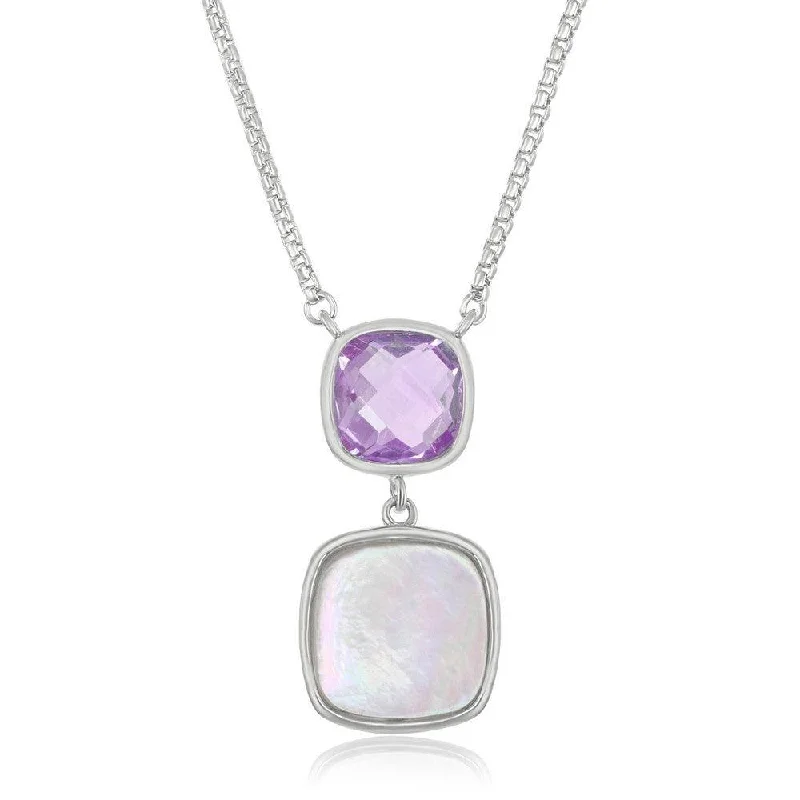 Necklaces and pendants with custom engravings for a personal, meaningful gift-Sterling Silver Double Square Amethyst and Mother of Pearl Necklace