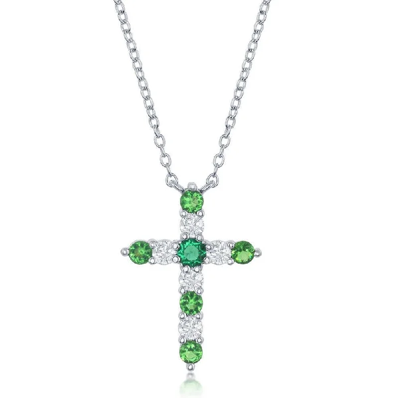 Elegant necklaces and pendants with onyx stones for a sleek, polished look-Sterling Silver Emerald CZ May Birthstone Cross Necklace