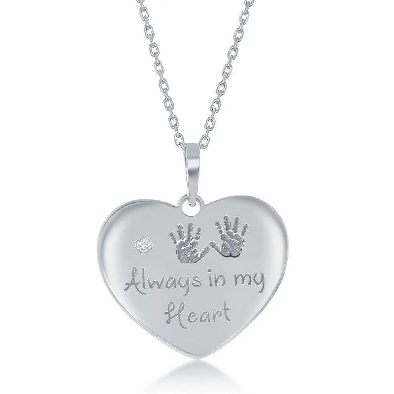 Necklaces and pendants with enamel accents for a colorful, eye-catching appearance-Sterling Silver Engraved Hand Prints Always in my Heart Single CZ Heart Necklace