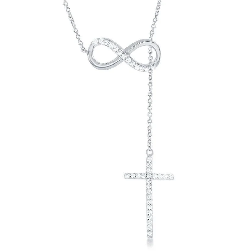 Best necklaces and pendants for everyday wear with minimalist designs-Sterling Silver Half CZ Infinity with Hanging CZ Cross Lariat Necklace