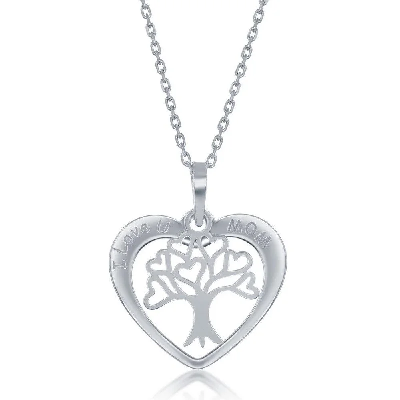 Fashionable necklaces and pendants with birthstones for a personalized gift idea-Sterling Silver I Love u Mom Heart With  Tree of Life Charm Necklace