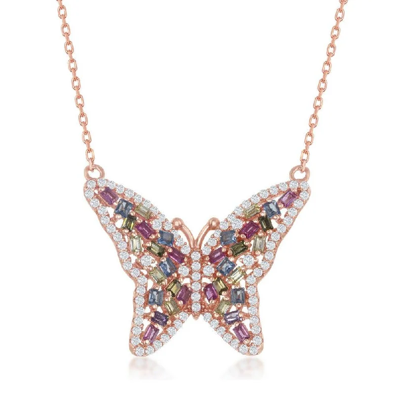 Beautiful necklaces and pendants with geometric shapes for a modern, artistic design-Sterling Silver Multi-Color Butterfly Necklace - Rose Gold Plated