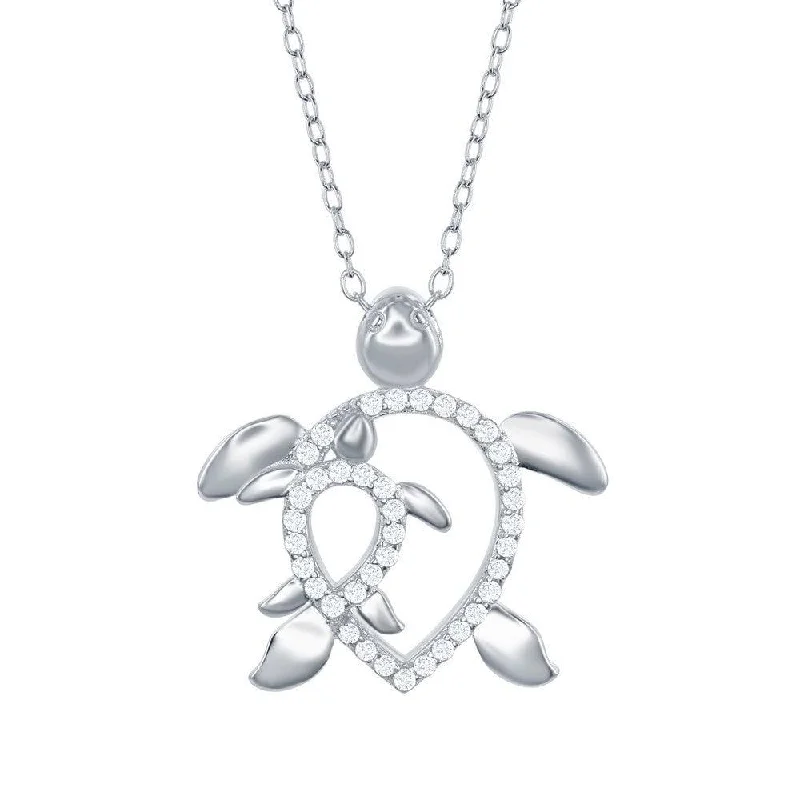 Elegant necklaces and pendants with gold chains for a chic, timeless appearance-Sterling Silver Open CZ Turtle with Baby CZ Turtle Necklace