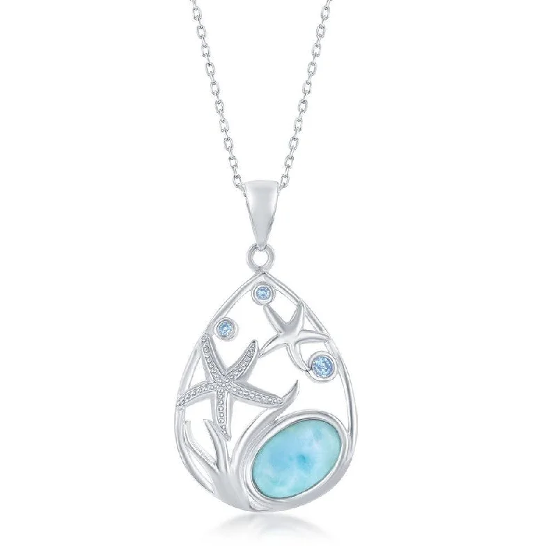 Unique necklaces and pendants with artistic shapes for a creative, one-of-a-kind design-Sterling Silver pear-Shaped Starfish Blue CZ and Larimar Pendant