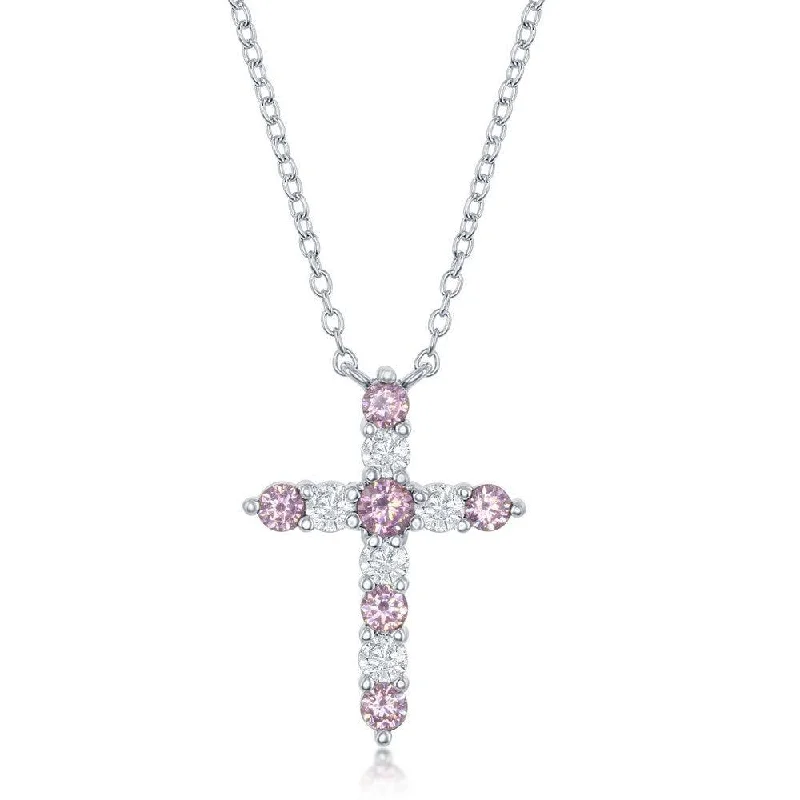 Personalized necklaces and pendants with coordinates for a meaningful location-based gift-Sterling Silver Pink CZ October Birthstone Cross Necklace