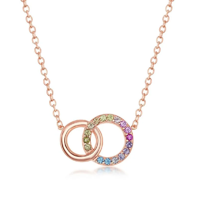 Trendy necklaces and pendants with statement pieces for a bold fashion statement-Sterling Silver Rainbow CZ Double Linked Circle Necklace - Rose Gold Plated