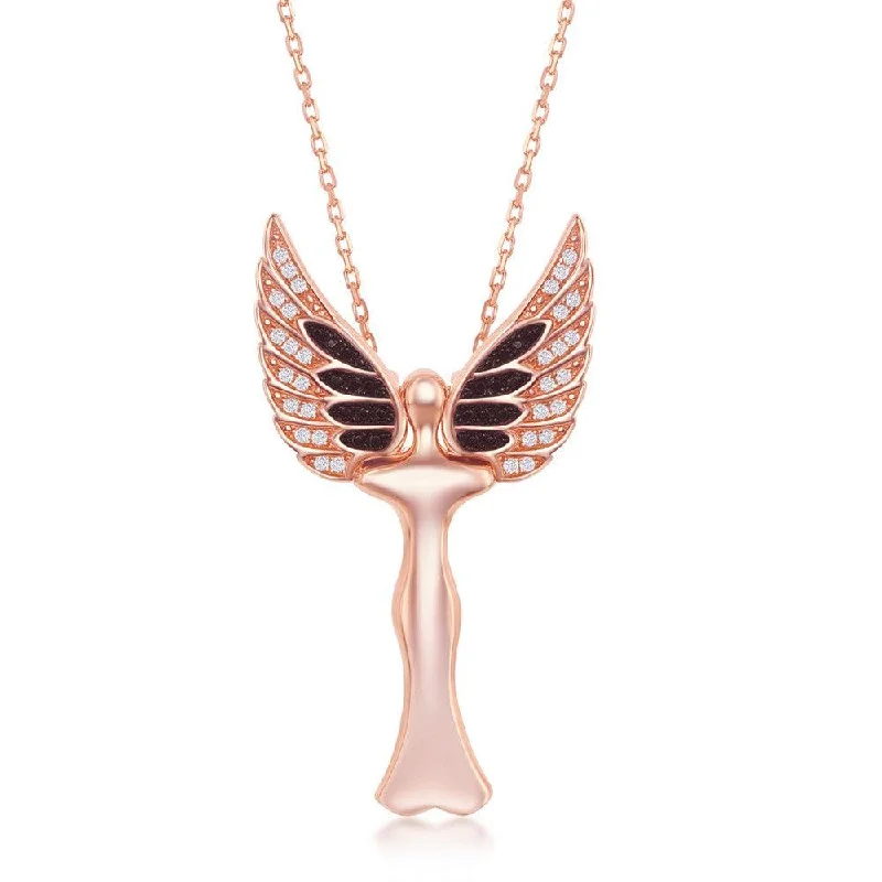 Unique necklaces and pendants with custom birthstone arrangements for personalization-Sterling Silver Rose GP CZ Angel Movable Wings Pendant